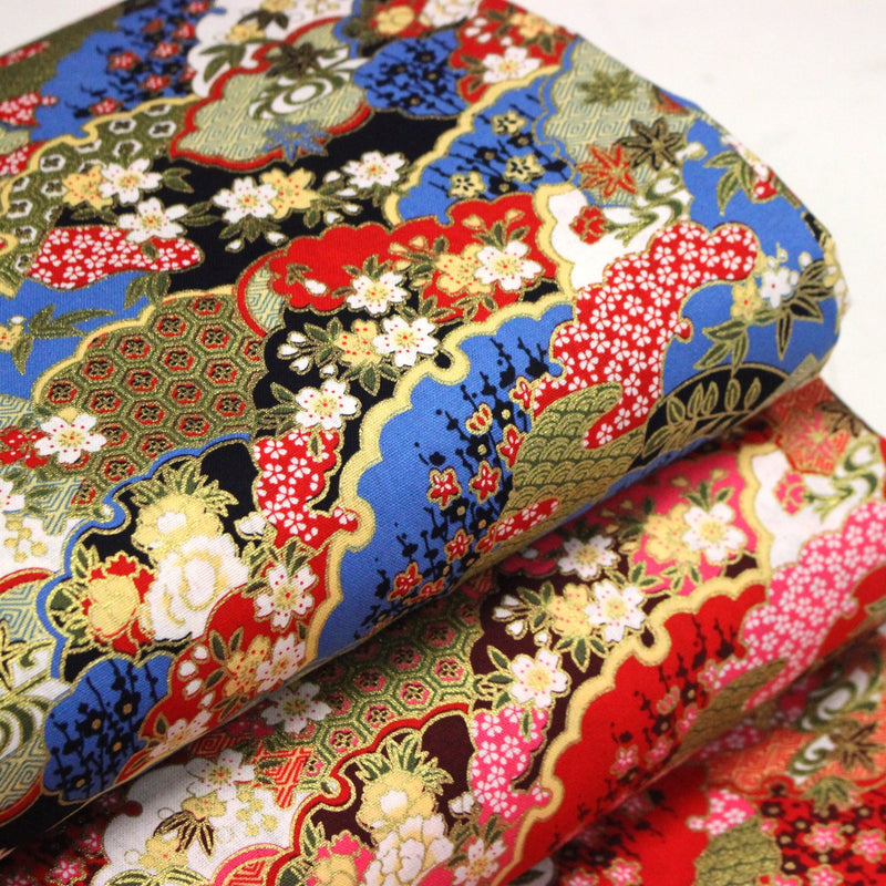 Tissu cotonnade motif japonais traditionnels : fleurs de cerisier, nuages et motifs géométriques dorés, fond bleu / rouge - COLLECTION JAPON DORÉ - tissuspipi.com