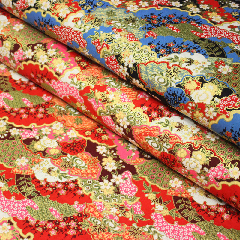 Tissu cotonnade motif japonais traditionnels : fleurs de cerisier, nuages et motifs géométriques dorés, fond bleu / rouge - COLLECTION JAPON DORÉ