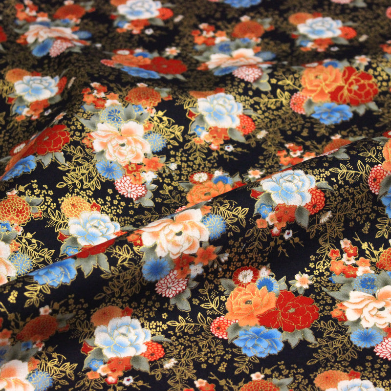 Tissu cotonnade motif japonais, roses & pivoines dorées, fond rouge ou bleu marine - COLLECTION JAPON DORÉ