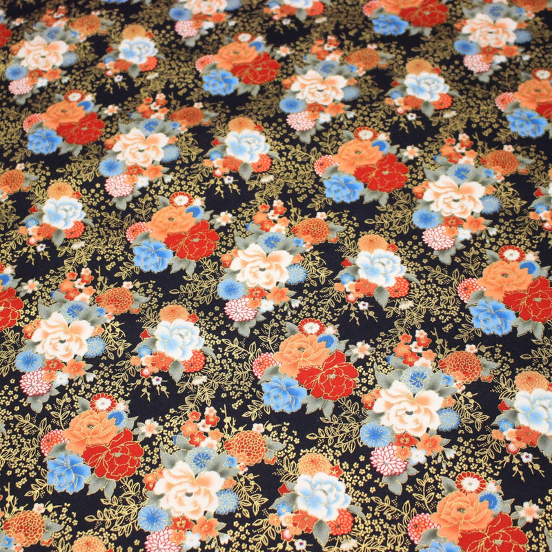 Tissu cotonnade motif japonais, roses & pivoines dorées, fond rouge ou bleu marine - COLLECTION JAPON DORÉ - tissuspipi.com