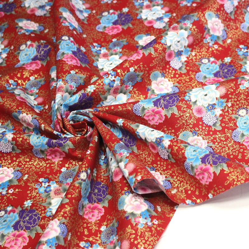 Tissu cotonnade motif japonais, roses & pivoines dorées, fond rouge ou bleu marine - COLLECTION JAPON DORÉ - tissuspipi.com