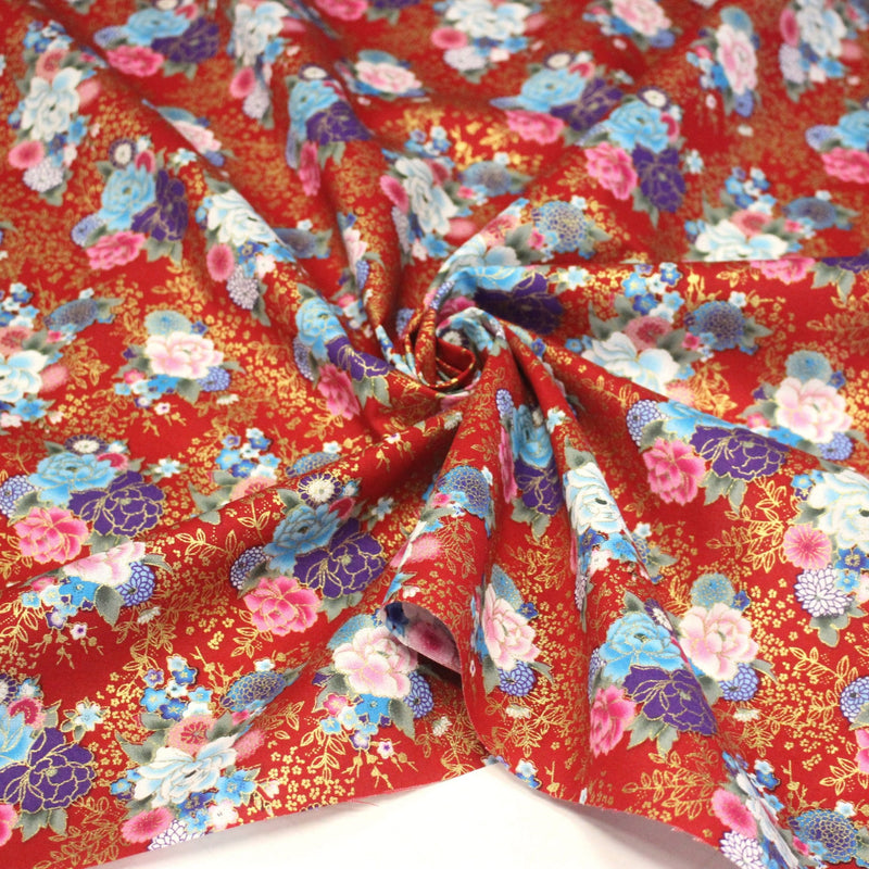 Tissu cotonnade motif japonais, roses & pivoines dorées, fond rouge ou bleu marine - COLLECTION JAPON DORÉ - tissuspipi.com