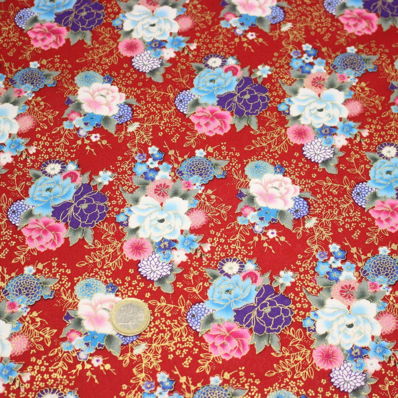 Tissu cotonnade motif japonais, roses & pivoines dorées, fond rouge ou bleu marine - COLLECTION JAPON DORÉ - tissuspipi.com