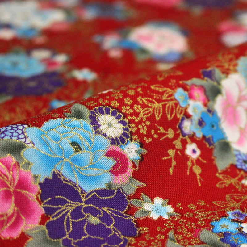 Tissu cotonnade motif japonais, roses & pivoines dorées, fond rouge ou bleu marine - COLLECTION JAPON DORÉ - tissuspipi.com