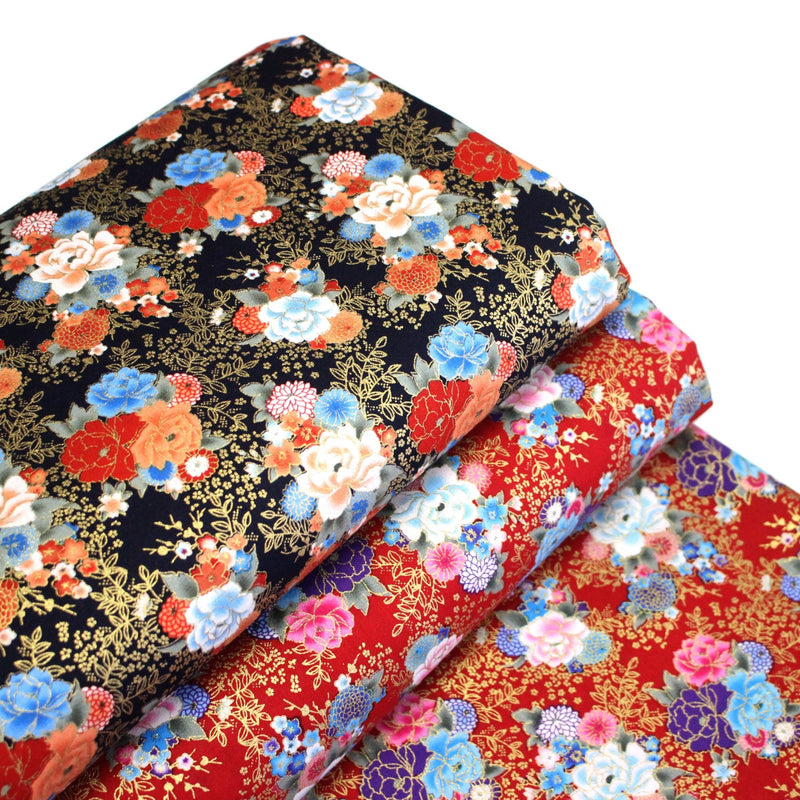 Tissu cotonnade motif japonais, roses & pivoines dorées, fond rouge ou bleu marine - COLLECTION JAPON DORÉ - tissuspipi.com