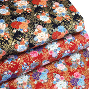 Tissu cotonnade motif japonais, roses & pivoines dorées, fond rouge ou bleu marine - COLLECTION JAPON DORÉ - tissuspipi.com
