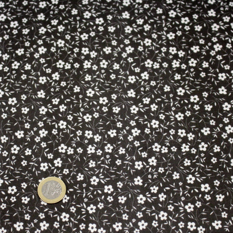 Tissu cotonnade noir aux fleurs blanches - OEKO - TEX - tissuspipi.com