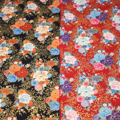 Tissu cotonnade motif japonais, roses & pivoines dorées, fond rouge ou bleu marine - COLLECTION JAPON DORÉ - tissuspipi.com