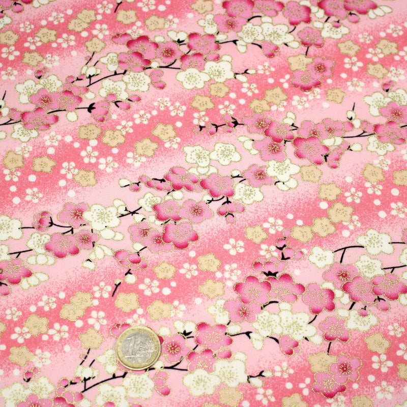 Tissu cotonnade motif japonais fleurs de cerisier : tons roses ou tons bleus– COLLECTION JAPON DORÉ - tissuspipi.com