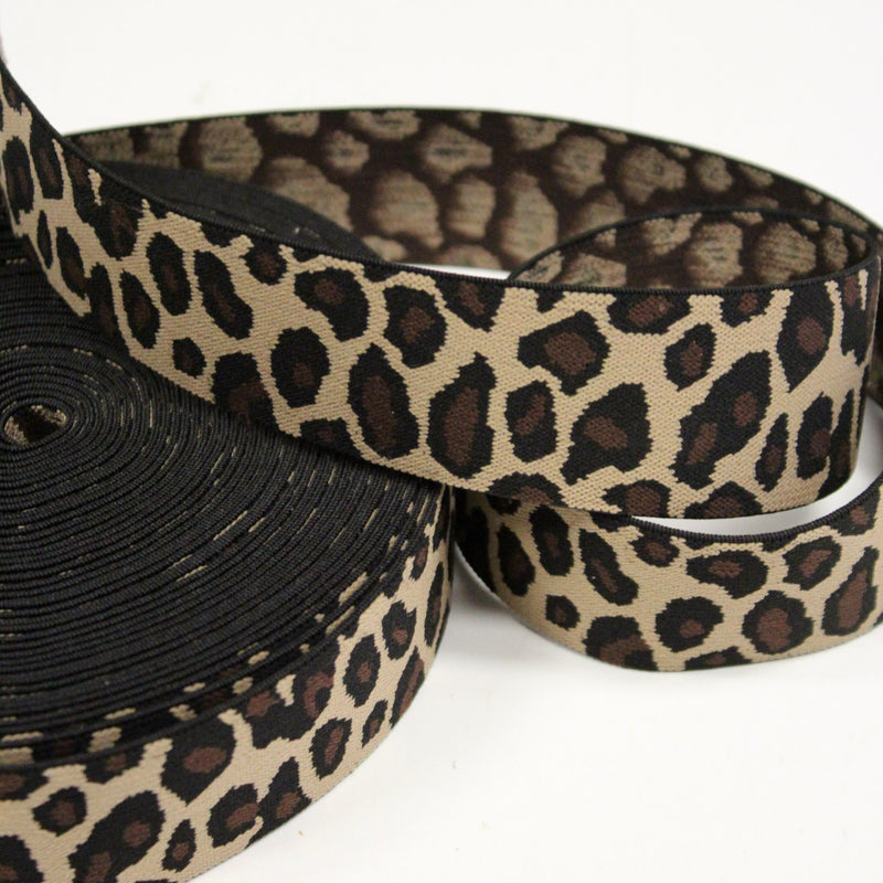 Ruban élastique motif léopard écru, noir et marron, largeur 38mm - tissuspipi.com