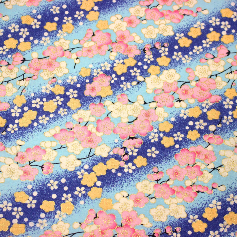Tissu cotonnade motif japonais fleurs de cerisier : tons roses ou tons bleus– COLLECTION JAPON DORÉ - tissuspipi.com
