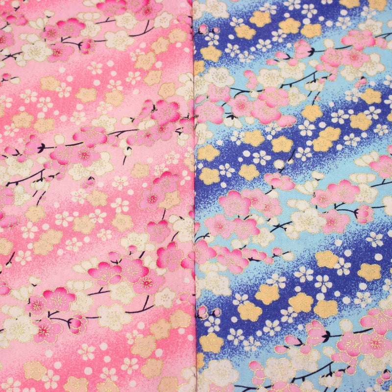 Tissu cotonnade motif japonais fleurs de cerisier : tons roses ou tons bleus– COLLECTION JAPON DORÉ - tissuspipi.com