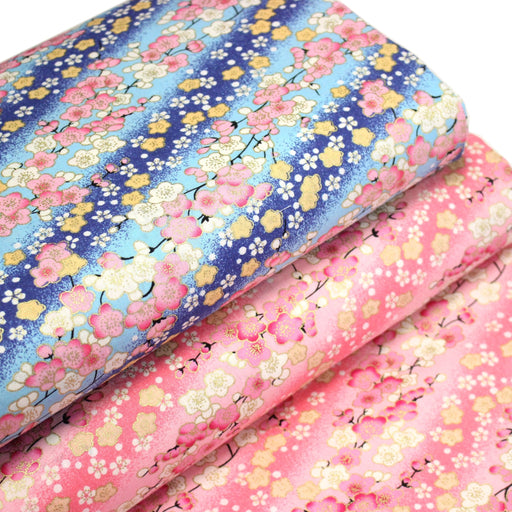 Tissu cotonnade motif japonais fleurs de cerisier : tons roses ou tons bleus– COLLECTION JAPON DORÉ - tissuspipi.com