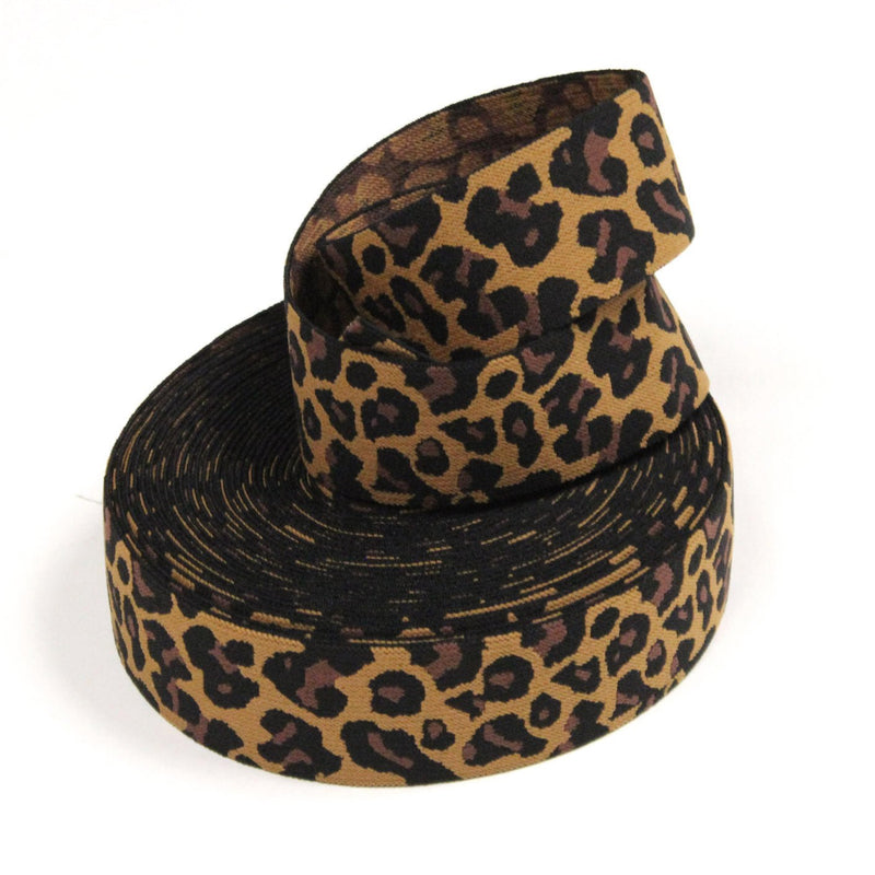 Ruban élastique motif léopard jaune moutarde, noir et marron, largeur 38mm - tissuspipi.com