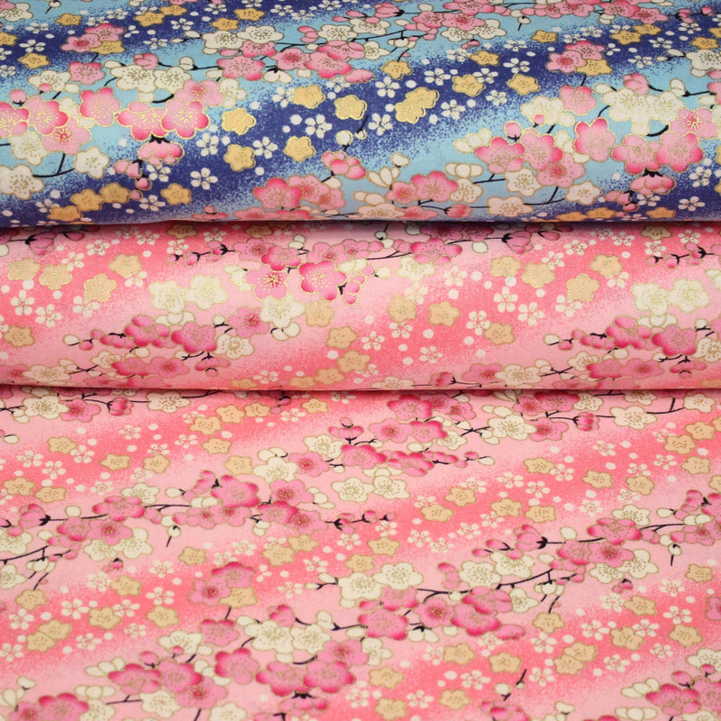 Tissu cotonnade motif japonais fleurs de cerisier : tons roses ou tons bleus– COLLECTION JAPON DORÉ - tissuspipi.com