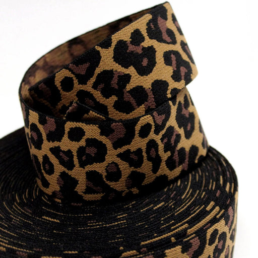 Ruban élastique motif léopard jaune moutarde, noir et marron, largeur 38mm - tissuspipi.com