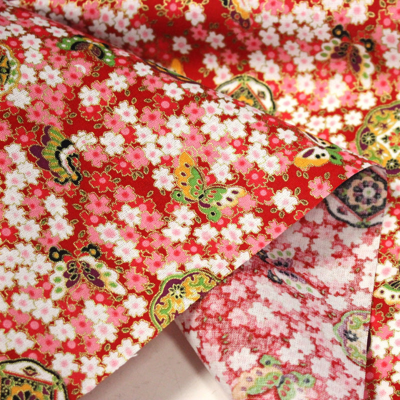 Tissu cotonnade motif japonais fleurs de cerisier, papillons et médaillons dorés, trois couleurs - COLLECTION JAPON DORÉ - tissuspipi.com