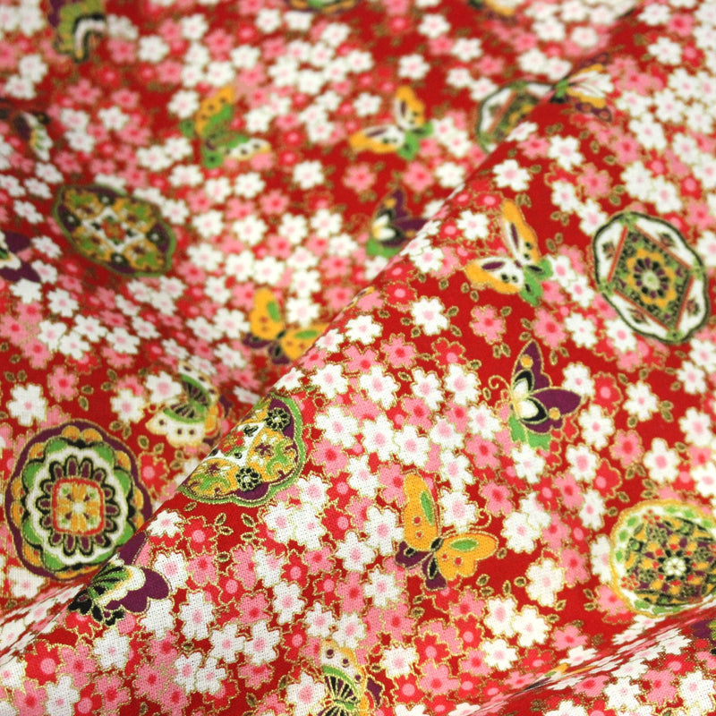 Tissu cotonnade motif japonais fleurs de cerisier, papillons et médaillons dorés, trois couleurs - COLLECTION JAPON DORÉ - tissuspipi.com