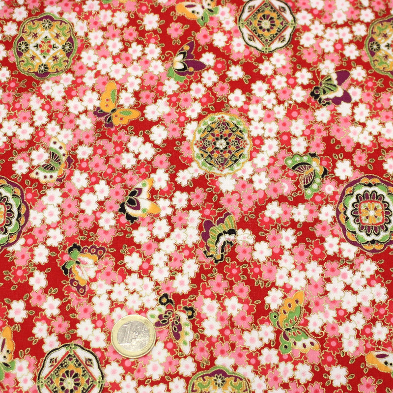 Tissu cotonnade motif japonais fleurs de cerisier, papillons et médaillons dorés, trois couleurs - COLLECTION JAPON DORÉ - tissuspipi.com