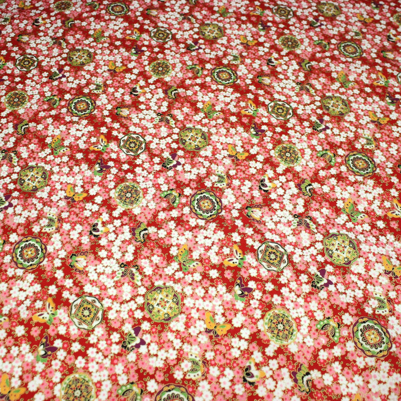 Tissu cotonnade motif japonais fleurs de cerisier, papillons et médaillons dorés, trois couleurs - COLLECTION JAPON DORÉ - tissuspipi.com