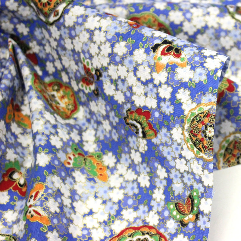 Tissu cotonnade motif japonais fleurs de cerisier, papillons et médaillons dorés, trois couleurs - COLLECTION JAPON DORÉ - tissuspipi.com