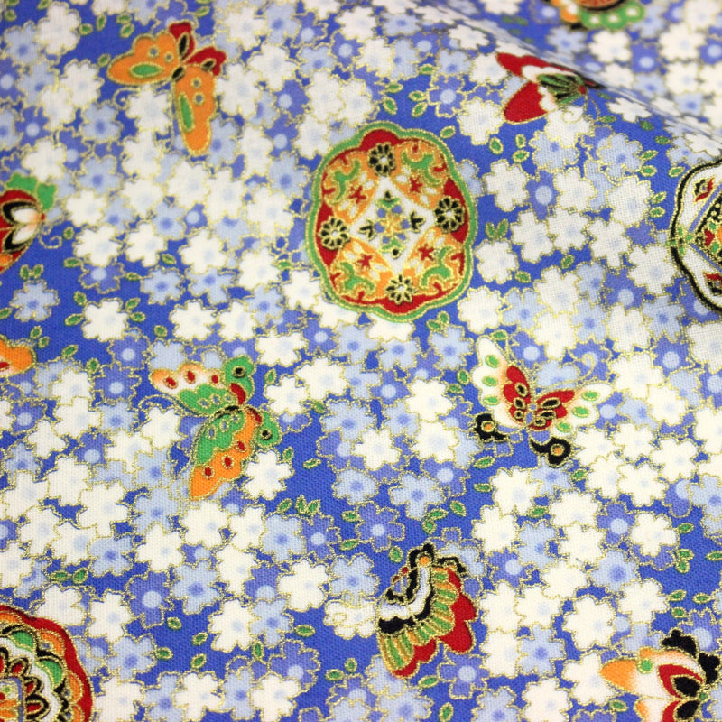 Tissu cotonnade motif japonais fleurs de cerisier, papillons et médaillons dorés, trois couleurs - COLLECTION JAPON DORÉ - tissuspipi.com