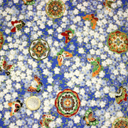 Tissu cotonnade motif japonais fleurs de cerisier, papillons et médaillons dorés, trois couleurs - COLLECTION JAPON DORÉ - tissuspipi.com