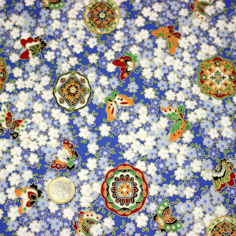 Tissu cotonnade motif japonais fleurs de cerisier, papillons et médaillons dorés, trois couleurs - COLLECTION JAPON DORÉ - tissuspipi.com