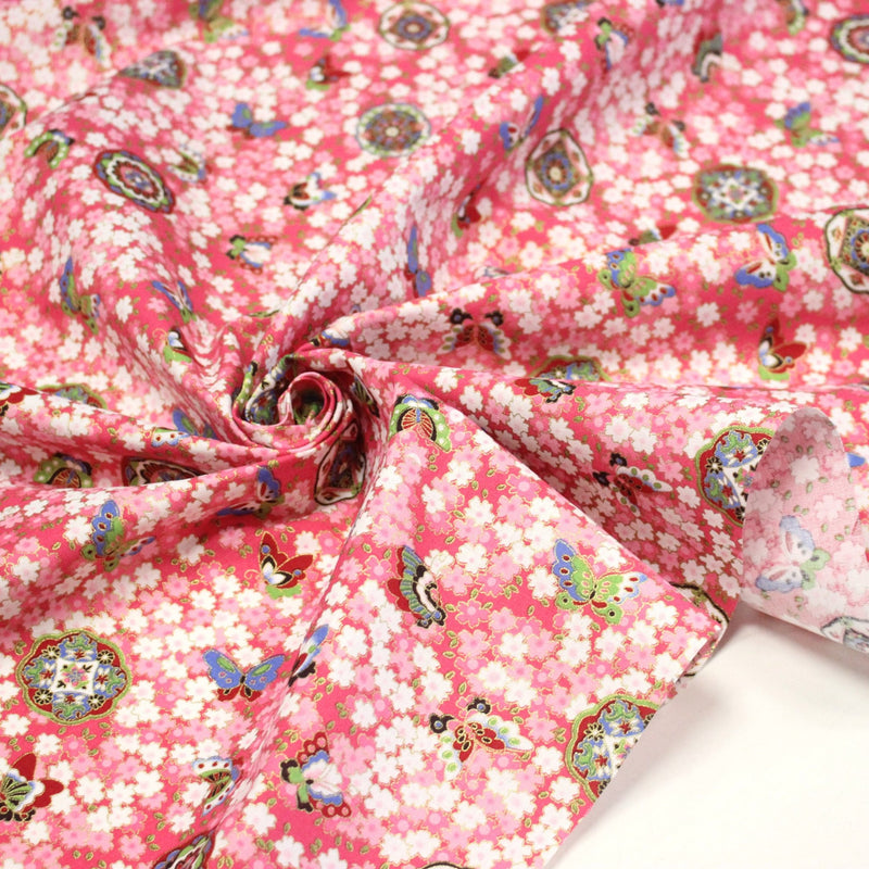 Tissu cotonnade motif japonais fleurs de cerisier, papillons et médaillons dorés, trois couleurs - COLLECTION JAPON DORÉ - tissuspipi.com