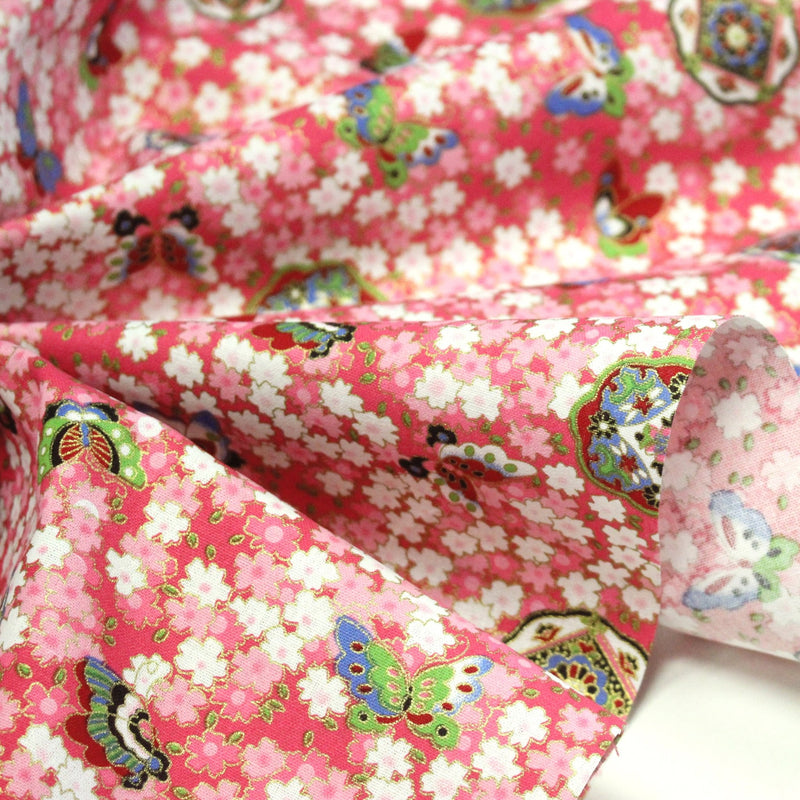 Tissu cotonnade motif japonais fleurs de cerisier, papillons et médaillons dorés, trois couleurs - COLLECTION JAPON DORÉ - tissuspipi.com