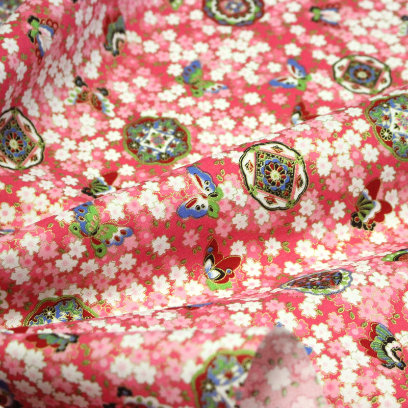Tissu cotonnade motif japonais fleurs de cerisier, papillons et médaillons dorés, trois couleurs - COLLECTION JAPON DORÉ - tissuspipi.com