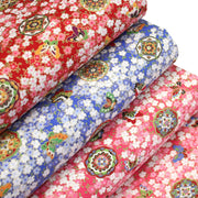 Tissu cotonnade motif japonais fleurs de cerisier, papillons et médaillons dorés, trois couleurs - COLLECTION JAPON DORÉ - tissuspipi.com