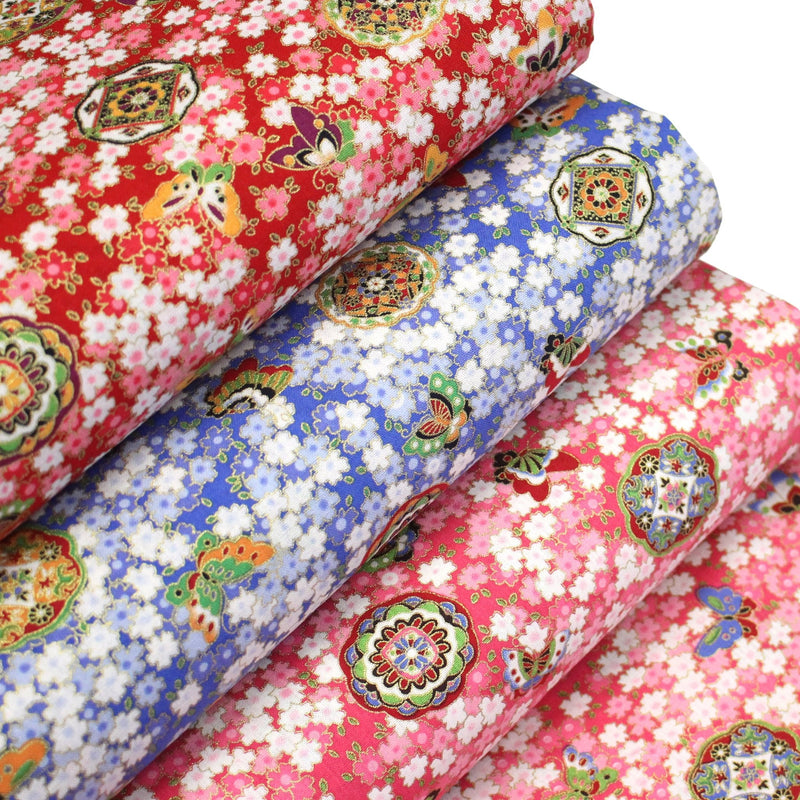 Tissu cotonnade motif japonais fleurs de cerisier, papillons et médaillons dorés, trois couleurs - COLLECTION JAPON DORÉ - tissuspipi.com