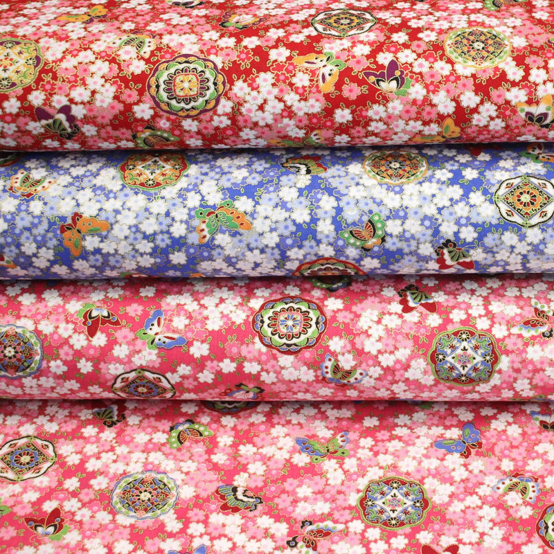 Tissu cotonnade motif japonais fleurs de cerisier, papillons et médaillons dorés, trois couleurs - COLLECTION JAPON DORÉ - tissuspipi.com