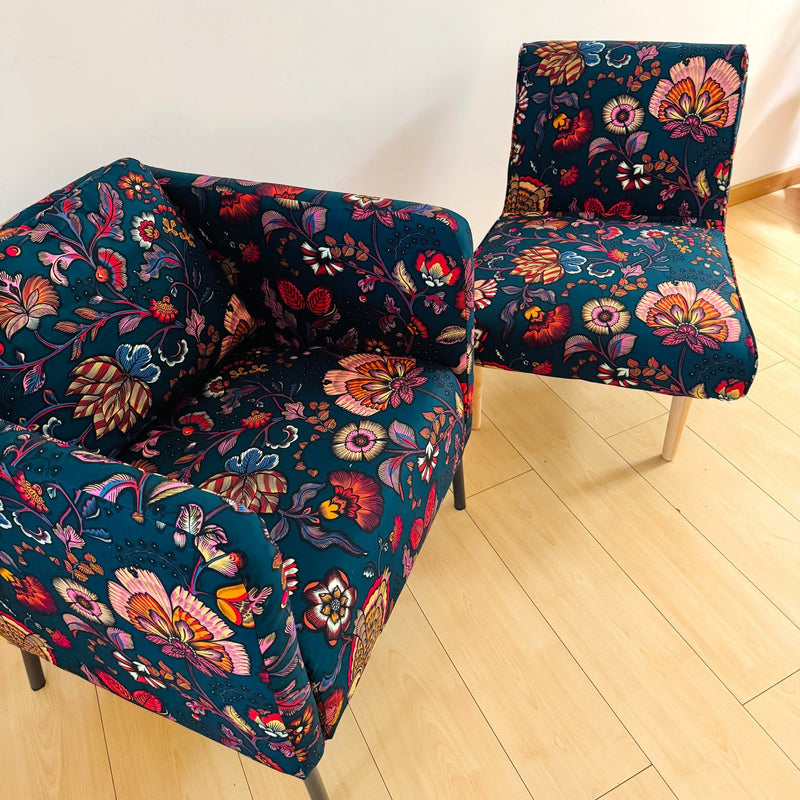Tissu demi-natté coton bleu pétrole motif floral INDIENNES par Inkfabrik - Collection Thevenon - tissuspipi.com