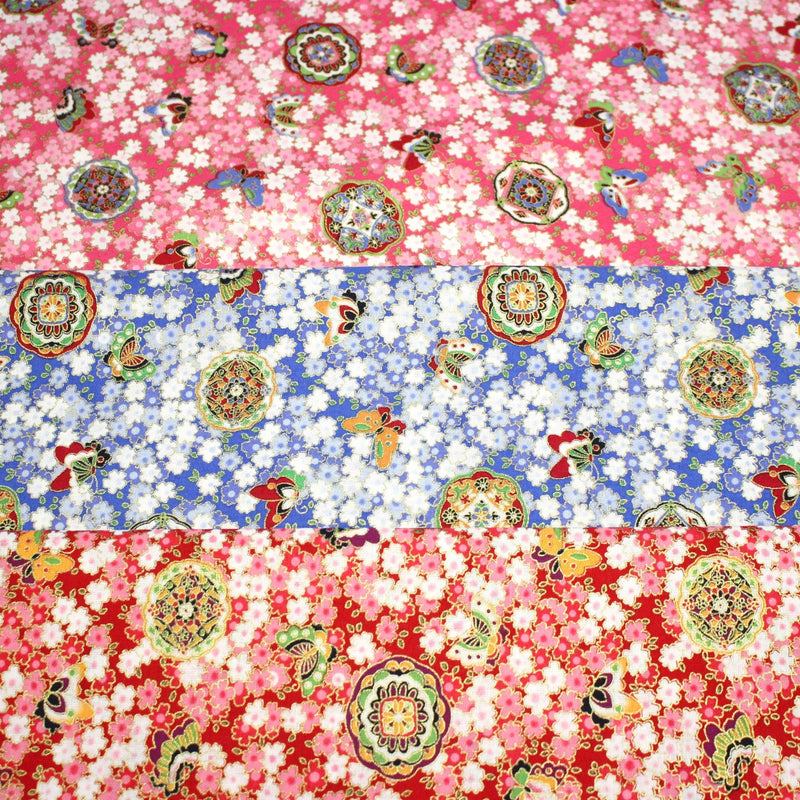 Tissu cotonnade motif japonais fleurs de cerisier, papillons et médaillons dorés, trois couleurs - COLLECTION JAPON DORÉ - tissuspipi.com