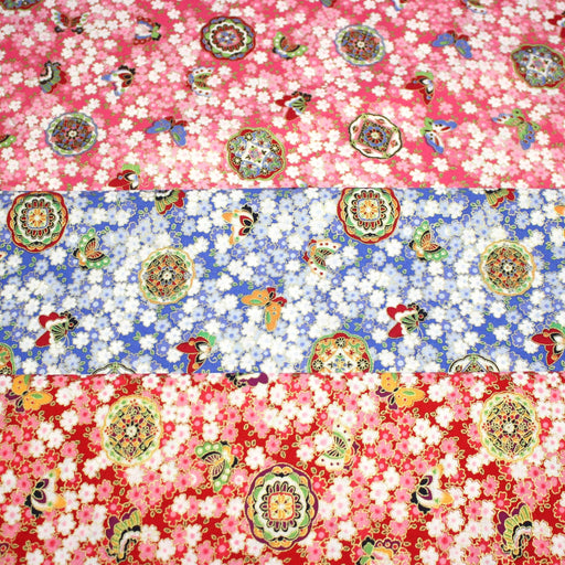 Tissu cotonnade motif japonais fleurs de cerisier, papillons et médaillons dorés, trois couleurs - COLLECTION JAPON DORÉ - tissuspipi.com