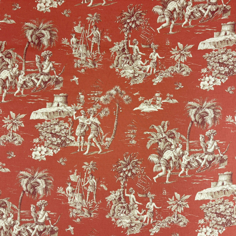 Tissu coton épais TOILE DE JOUY "LES AMERINDIENS", rouille rouge & écru - tissuspipi.com