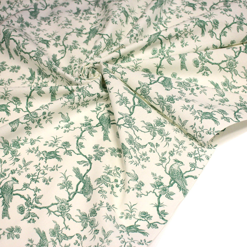 Tissu coton TOILE DE JOUY AUX MESANGES : bleu, vert - OEKO - TEX - tissuspipi.com
