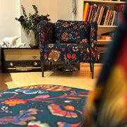 Tissu demi-natté coton bleu pétrole motif floral INDIENNES par Inkfabrik - Collection Thevenon - tissuspipi.com
