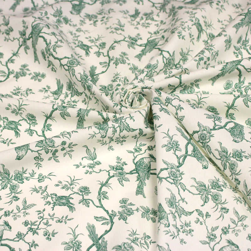 Tissu coton TOILE DE JOUY AUX MESANGES : bleu, vert - OEKO - TEX - tissuspipi.com