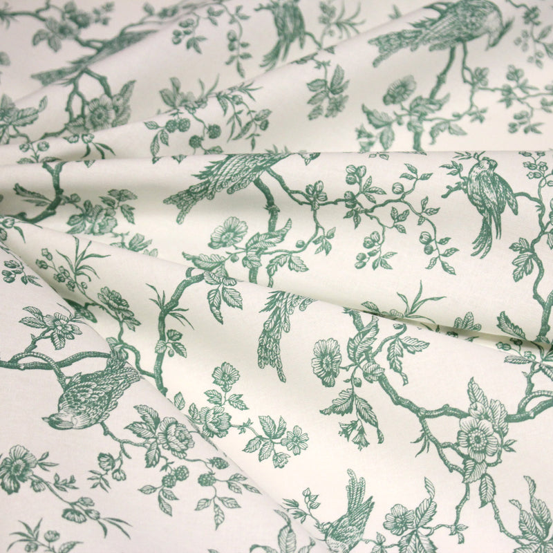 Tissu coton renforcé TOILE DE JOUY AUX MESANGES grande largeur 280cm : bleu, rouge, vert, gris - OEKO - TEX - tissuspipi.com