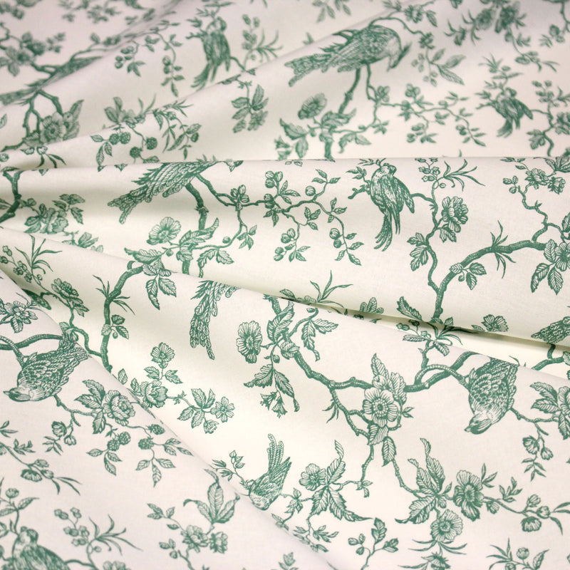 Tissu coton TOILE DE JOUY AUX MESANGES : bleu, vert - OEKO - TEX - tissuspipi.com