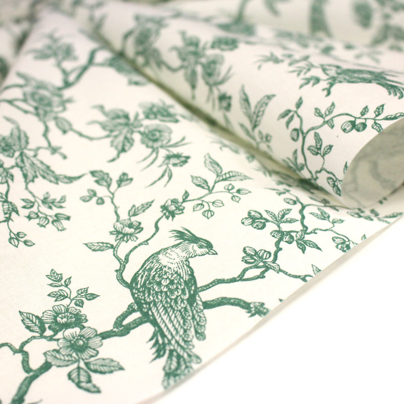 Tissu coton TOILE DE JOUY AUX MESANGES : bleu, vert - OEKO - TEX - tissuspipi.com