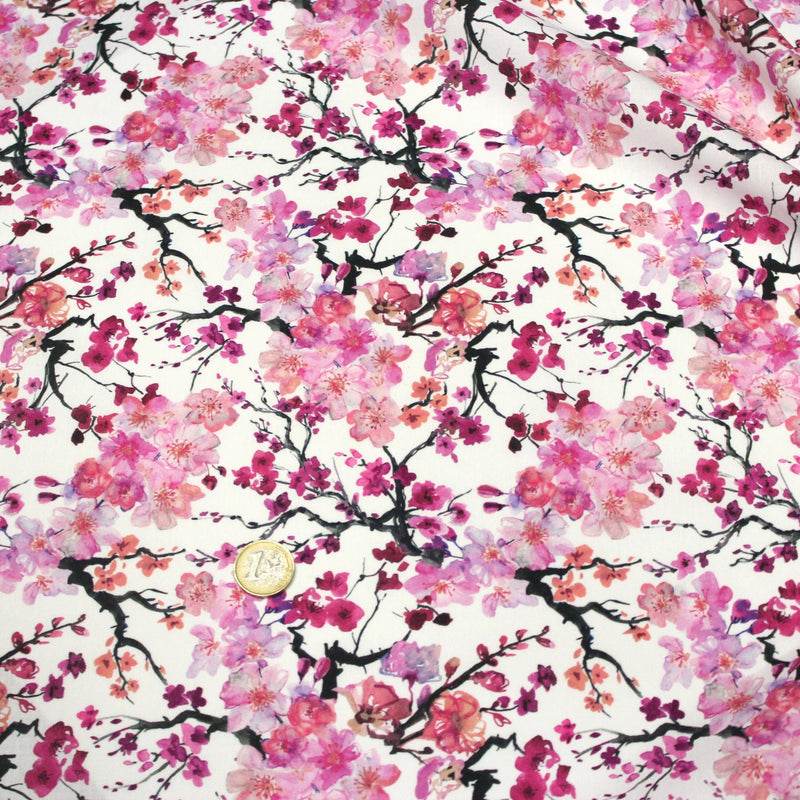 Tissu cotonnade SAKURA ROSE : jardin japonais aux fleurs de cerisier roses & fuchsia - tissuspipi.com