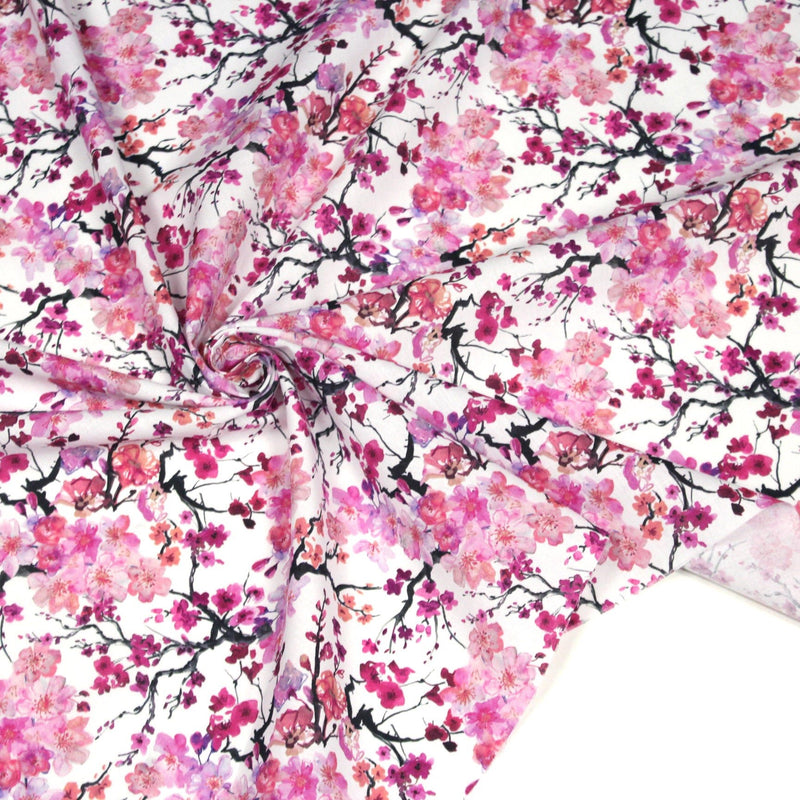 Tissu cotonnade SAKURA ROSE : jardin japonais aux fleurs de cerisier roses & fuchsia - tissuspipi.com