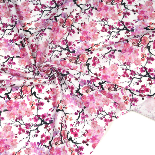 Tissu cotonnade SAKURA ROSE : jardin japonais aux fleurs de cerisier roses & fuchsia - tissuspipi.com