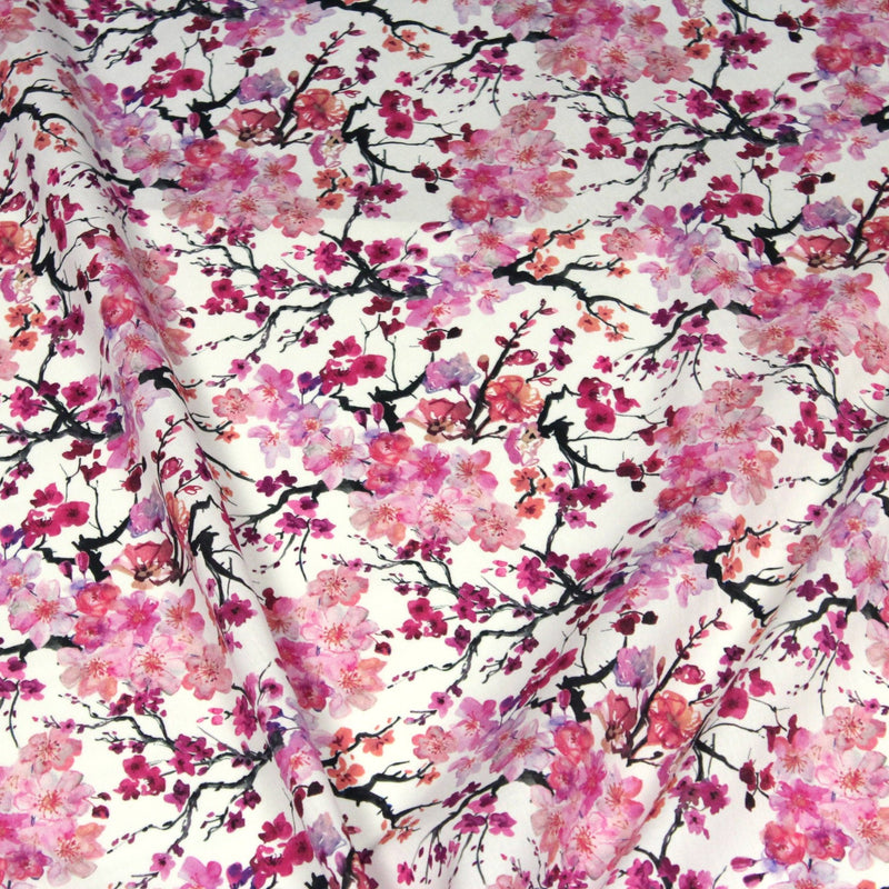Tissu cotonnade SAKURA ROSE : jardin japonais aux fleurs de cerisier roses & fuchsia - tissuspipi.com