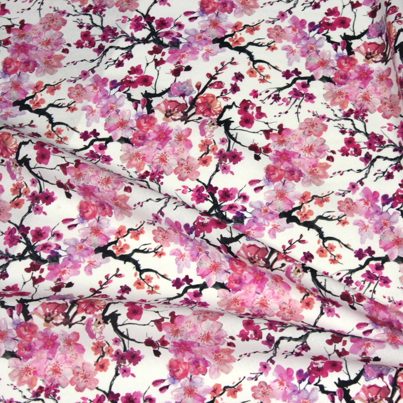 Tissu cotonnade SAKURA ROSE : jardin japonais aux fleurs de cerisier roses & fuchsia - tissuspipi.com