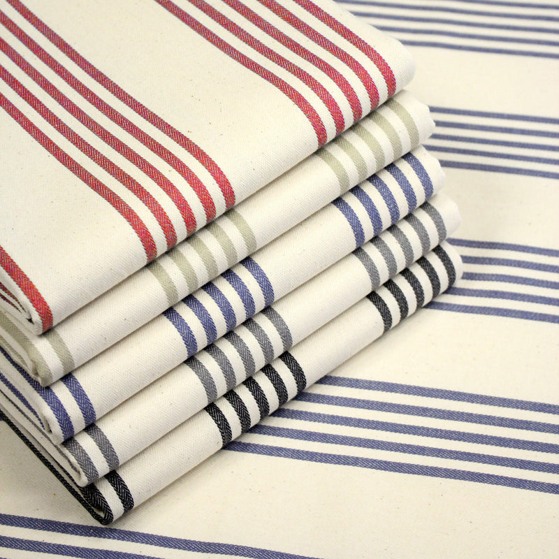 Tissu toile à matelas de coton LE TOUQUET écru aux rayures : bleu, rouge, noir, gris, sable - tissuspipi.com